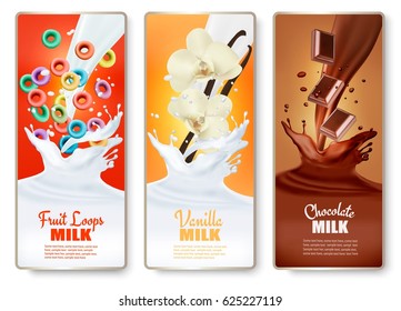 Set of three labels of of fruit in milk splashes. Fruit loops, vanilla, chocolate. Vector.