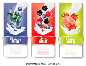 Set of three labels of of fruit in milk splashes. Strawberry, blueberry, guava, raspberry, blackberry. Vector.