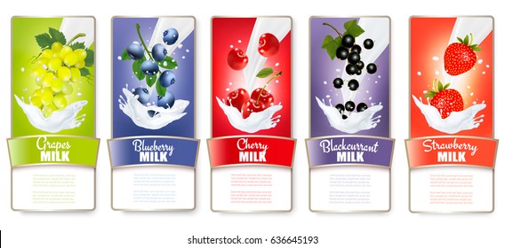 Set of three labels of of fruit in milk splashes. Strawberry, blueberry, grapes, blackberry, cherry. Vector.