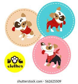 Set of three labels with funny dogs Jack Russell Terrier in clothes. Clothing for dogs. Vector illustration.