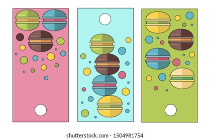 Set of three labels with a pattern of colorful macaroons: sweets on a solid background