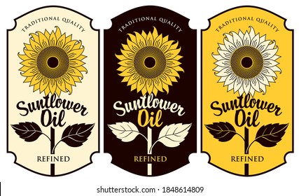 Set of three labels for refined sunflower oil with a big blossom sunflower in a figured frame. Vector illustration in retro style, advertising poster