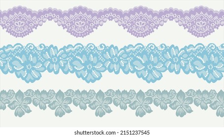 Set of three  lace ribbons on  white background. Lace braid. 