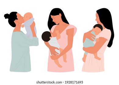 Set of three Ladies carrying their kids.Mother holding baby son in arms.Family, lifestyle concept