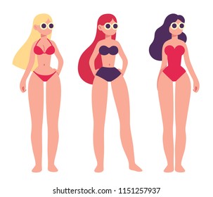 Set of three ladies in different swimsuit styles, bikini and one piece. Simple modern flat vector style illustration.