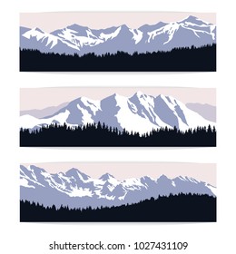 Set of three landscape banners with silhouettes of cold distant mountains and forest. Realistic vector illustration of winter nature