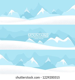 Set of three landscape banners with silhouettes of cold distant mountains. Mountain landscapes. Vector flat illustrations.