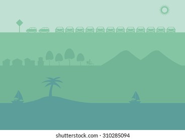 Set of three landscape silhouette vector illustration for banner or website background with urban car park, countryside and tropical beach themes in different shades of green.