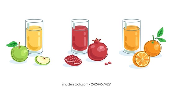 Juego de tres grandes vasos de manzana, granada y zumos de naranja y frutas frescas.  Imagen en estilo de línea. Plantilla para el diseño de menús. Aislado sobre fondo blanco. Ilustración plana vectorial.