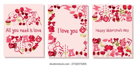 Ein Satz von drei großformatigen Valentinstag-Plakatkarten mit romantischen Texten. Verschiedene flache Designlayouts: Vollbild, mittlerer Kreis und oberer unterer Rand. Bereit für Druck und Dekoration.