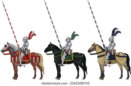 Set of Three Late Medieval Knights on Horseback in Full Plate Armour and with Lances, Illustration Isolated on Transparent Background, Historical, EPS 10 Vector