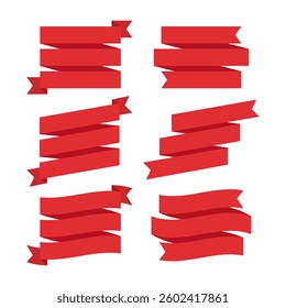 Set of Three Layered Red Ribbon Banners and Labels - Flat Design Illustration