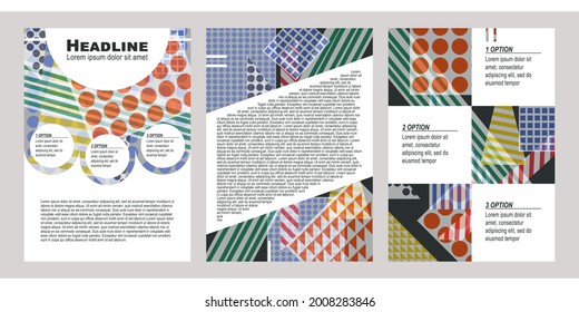 Un conjunto de tres diseños para la portada del folleto. Patrón geométrico abstracto minimalista colorido. Diseño gráfico creativo moderno para folletos, volantes, artículos. Estilo marino.
