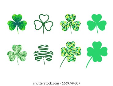 Set of three leaf clover. Isolated elements. Four leaf clover. mosaic. Symbol of St. Patrick's Day. Vector illustration