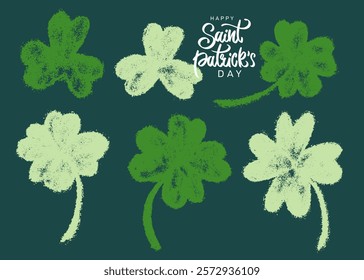 Set of with three leaves and four leafed vintage clovers. Silhouette of plant leaves hand drawn with pencil, chalk, charcoal. Vector artwork for the design of festive products for St. Patrick's Day.