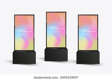 Set of three LED Screens Mockup in 3Ds of Realistic screen light box. LED screen mock-up on collorful with a sleek, black frame on white background