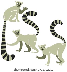 Vector Illustration Walking Sitting Lemurs Isolated Stock Vector 