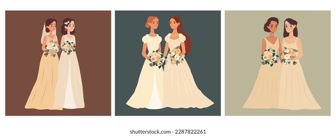 Set of three Lesbian couple marriage. Homosexual wedding. Brides in dress LGBT newlyweds. Flat vector illustration isolated background	