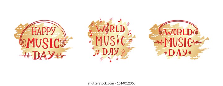 Set of three lettering composition for Music World festival. Can be used for banner, flyer, wallpaper, invitation concept, live music concert or event. Happy World Music Day vector clip-art on gold.