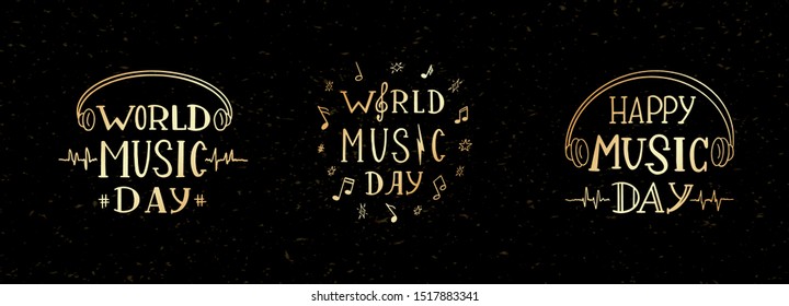 Set of three lettering composition for Music World festival. Can be used for banner, flyer, wallpaper, invitation concept, live music concert or event. Happy World Music Day vector golden clip-art.