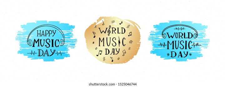 Set of three lettering composition for Music World festival. Can be used for banner, flyer, wallpaper, invitation concept, live music concert or event. Happy World Music Day style vector clip-art.