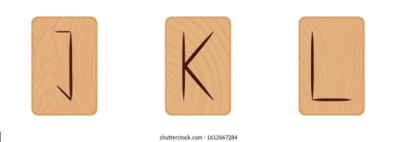 A set of three letters "j, k, l" of the Latin alphabet burned on a light wooden Board texture in the style of Scandinavian runes. Vector illustration isolated on white background.