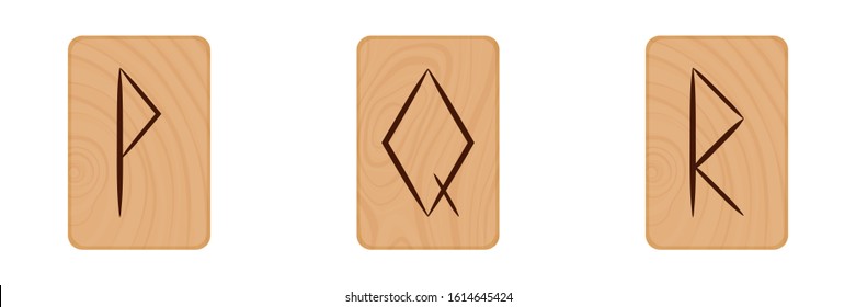 A set of three letters "p, q, r" of the Latin alphabet burned on a light wooden Board texture in the style of Scandinavian runes. Vector illustration isolated on white background.