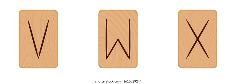 A set of three letters "v, w, x" of the Latin alphabet burned on a light wooden Board texture in the style of Scandinavian runes. Vector illustration isolated on white background.