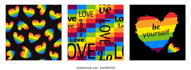 set of three lgbt templates. LGBT Pride Month in June 2020. Lesbian Gay Bisexual Transgender. Celebrated annual. LGBT flag. seamless pattern