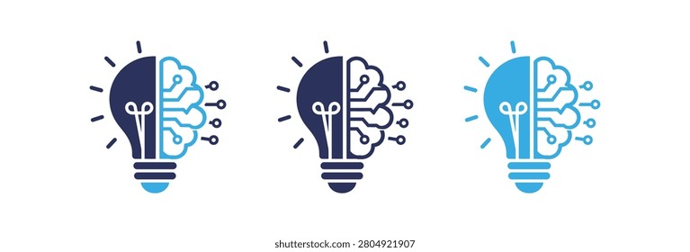 A set of three light bulb icons merging a traditional filament with a digital brain circuit to symbolize human creativity and machine learning technology.