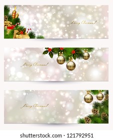 set of three light Christmas banners with vitality cones, fir tree and balls