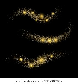 Set of three Light Waves with Gold Glitter Effect on a black background. Abstract swirl lines. Vector illustration