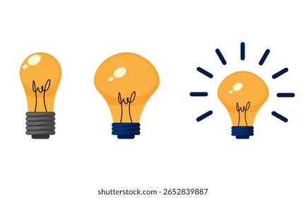 A set of three lightbulb icons: two unlit and one glowing, representing ideas, innovation, and inspiration. Perfect for education, brainstorming, and creative projects.