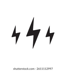 Set of Three Lightning Bolt Icons – Black Silhouette Electric Energy Symbols on White Background, Ideal for Power, Electricity, Speed, or High Voltage Design Concepts