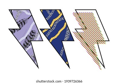 Set of three lightning symbols with different textures. Vector illustration for t-shirts or stickers.