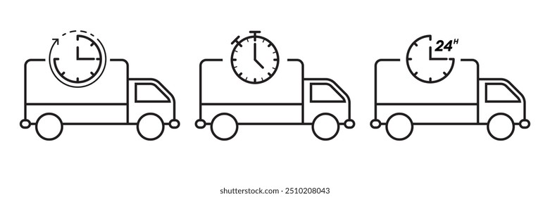 Set of three line art icons featuring a delivery truck with clock symbols representing timely delivery and express shipping services