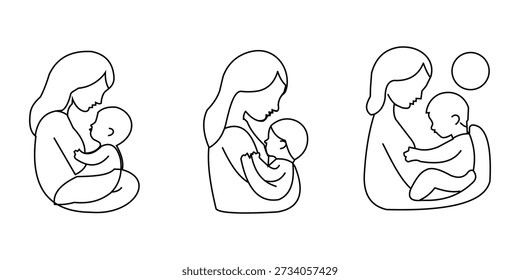 Set of three line art icons depicting a mother breastfeeding or holding her baby, simple black and white illustration of maternal care and bonding