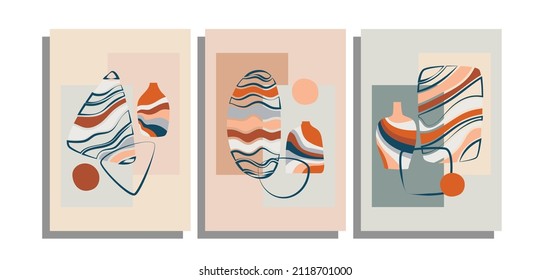 Set of three line art minimalist poster with colorful pottery, pastel colors and abstract element. Suitable for background, poster, cover, flyer, wall art, home decor and other template.