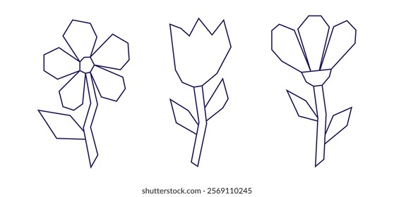 set of three line blue cut out style geometric spring flowers like chamomile and tulip, modern geometry trendy design for card, invitation, wallpaper