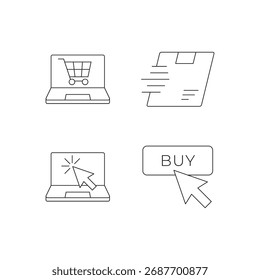 Conjunto de tres iconos de línea para el proceso de compra y logística.