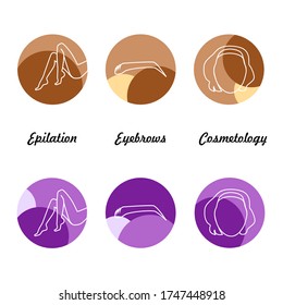 Set of three line icons in two colors  on a theme of beauty, cosmetics, hairdressing salon, spa salon, cosmetology. For stories, site, of beauty salon business, hairdresser, stylist, eyerbrows stylist