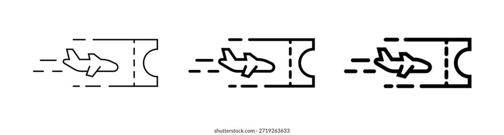 Conjunto de tres iconos lineales de billetes de avión con diferentes grosores de línea, que representan los viajes aéreos y la reserva de vuelos. Ideal para Web, App o proyectos de diseño.