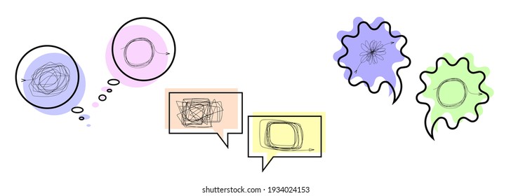 A set of three lines. Bubbles. A message of chaos. Different kinds of tangled lines. Search for a way out, confusion of thoughts, search for a way out of the current situation, vector