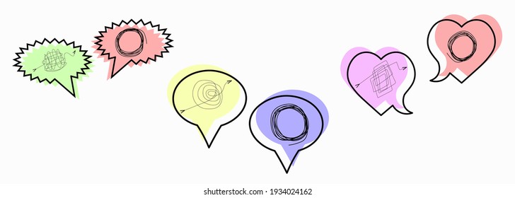 A set of three lines. Bubbles. A message of chaos. Different kinds of tangled lines. Search for a way out, confusion of thoughts, search for a way out of the current situation, vector