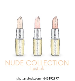A set of three lipsticks of different shades. Vector illustration for a postcard or a poster. Ready advertising concept.
