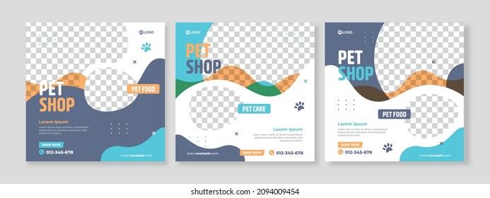 Set of three liquid background of pet shop banner promotion social media pack template premium vector