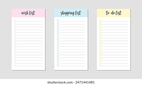 A set of three lists designed for efficient organization and planning, featuring a wish list, shopping list, and todo list. each list has a unique pastel color header and icons to visually distinguish