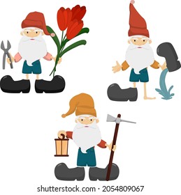 Un conjunto de tres pequeños enanos (gnomos) sobre fondo blanco. Ilustración vectorial.