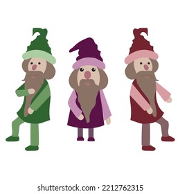 Set of three little men. Dwarf character. Cute, funny gnome with a beard. Vector stock illustration.