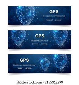 Conjunto de tres banners horizontales de alfiler de posición. Ilustración horizontal para el diseño de la página principal. Navegación Gps con símbolos de polos bajos con puntos conectados.